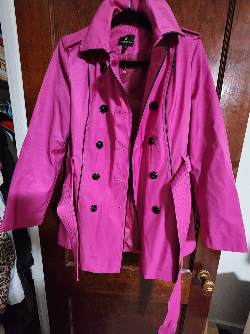 Worthington Hot Pink Trench Coat Black Piping Belted NWOT Small